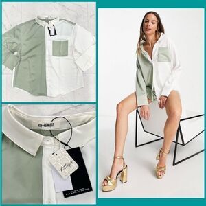 4th & Reckless X Free People Tall Color Block Shirt In Sage/Ecru